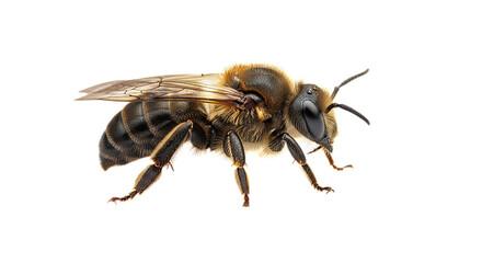 A close-up perspective of a bee on a white background, highlighting its intricate details and fuzzy body structure