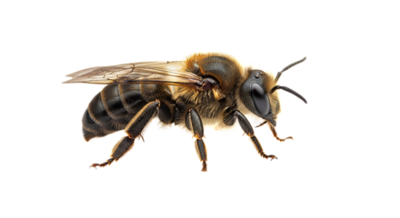 A close-up perspective of a bee on a white background, highlighting its intricate details and fuzzy body structure