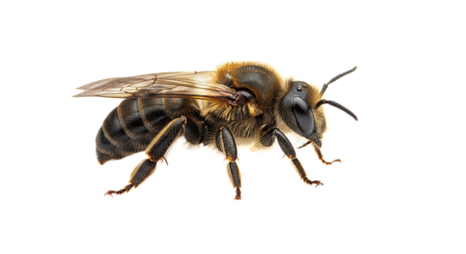 A close-up perspective of a bee on a white background, highlighting its intricate details and fuzzy body structure