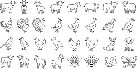 Farm animals and insects in line art create a cute graphic element.