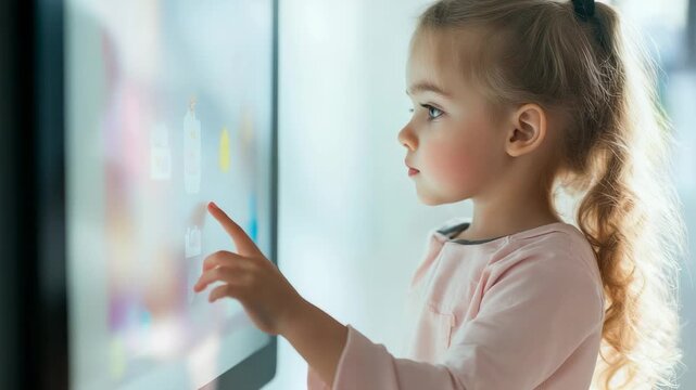 Young girl interacting with a touchscreen, navigating colorful icons and illustrating the blend of technology in early childhood education and interactive learning