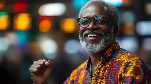 Cheerful mature African American man with gray beard and glasses wearing bright traditional ethnic pattern shirt laughing against blurred bokeh background. - Powered by Adobe