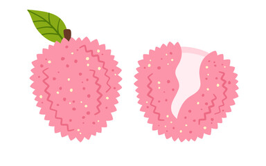 Lychee simple vector illustration. Whole and cut ripe red lichi abstract childish hand drawn Asian fruit. Graphic lychee stylized art for kids, sticker, card, poster, cover