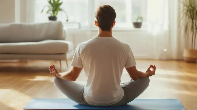 Young man practicing yoga and meditation in lotus position on a mat in his living room, finding inner peace and relieving stress through mindfulness