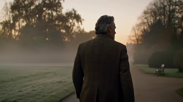 Rear view of a pensive senior man walking through a foggy park at sunrise