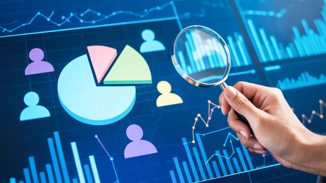 A digital data analytics visualization with a dark blue background featuring multiple overlapping charts and graphs. - Powered by Adobe