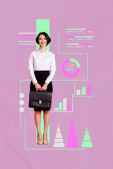 3d sketch poster trend collage of happy businesswoman businessman stand chart development aim...