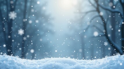 Snowflakes falling on snowy fairytale winter background