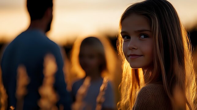 Young woman with long blonde hair smiling at sunset, warm golden light illuminating her face while silhouettes of people stand in background creating atmospheric mood.