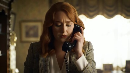 A concerned woman with red hair shows shock and surprise while talking on a vintage telephone in a retro office - Powered by Adobe