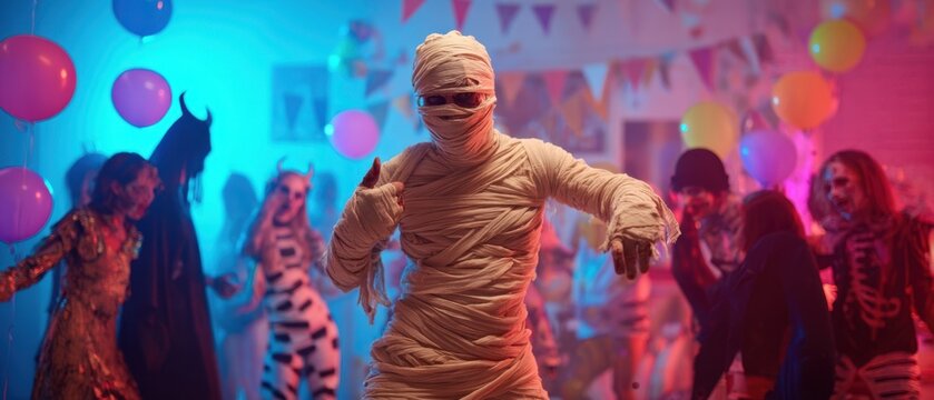 The mummy dancing at a vibrant Halloween party celebration with friends.