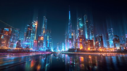 Fototapeta premium Vibrant photo of smart modern city with neon skyscrapers and futuristic technology, virtual reality and speed light motion effect for a tech-driven digital future.