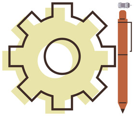 Gear and pen highlighting collaboration between creativity and technical processes. Ideal for innovation, engineering, design, brainstorming, education, workflow, product development. Great