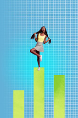 Vertical banner 3d art pop image collage of happy businesswoman businessman climb stand chart progress statistics goal progress