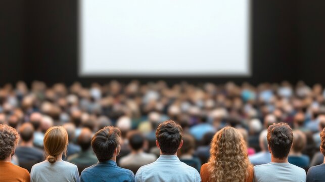 Engaged crowd of people observing a presentation during a movie night at an open air cinema in the city