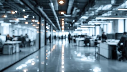 Fototapeta premium Blurred office interior background with a blurred door and glass wall, blurry bokeh light effect for a business concept design. High-quality photo, taken with a telephoto lens in realistic daylight.
