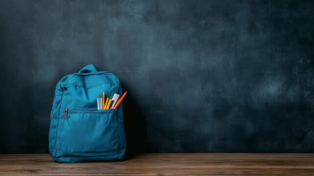 School backpack full of stationery leaning against a blackboard creates a back to school atmosphere, suggesting the beginning of a new academic year