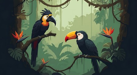 Two vibrant toucans with striking beaks perch on a branch, surrounded by lush green foliage and exotic flowers in a verdant tropical forest.