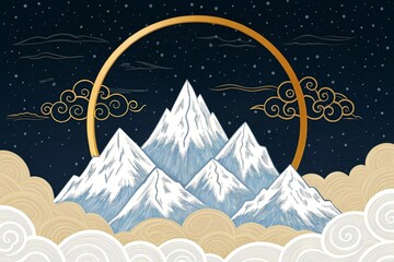 Abstract White Mountain Peak with Golden Ring in Dark Background