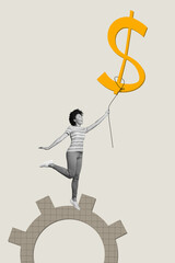Exclusive artwork banner creative collage of happy businesswoman stand gearwheel optimization hold...