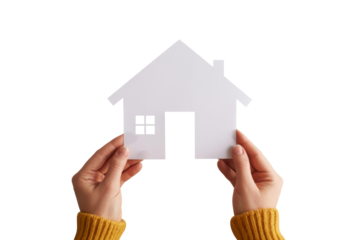 paper house in hands on white background