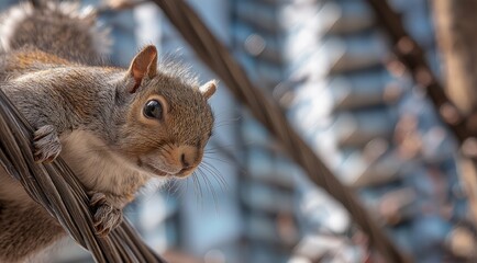 Curious Squirrel Perched on Wire Against Urban Backdrop