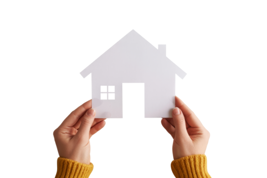 paper house in hands on white background