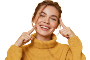 smiling woman touching her face, isolated on black.