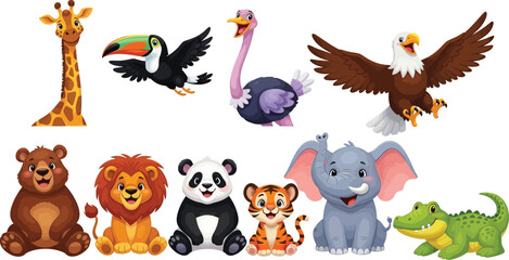 Collection of cartoon animals features an elephant, lion and toucan.