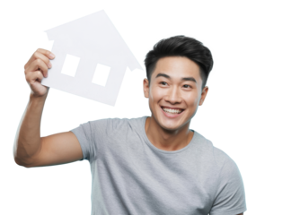 happy asian man holding paper house, isolated