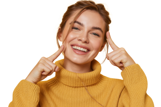 smiling woman touching her face, isolated on black.