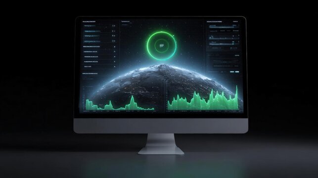 Computer monitor with a dark background. on the screen of the monitor, there is a futuristic interface with a green circle in the center.