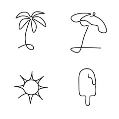Tropical Summer Icons: A series of clean one-line illustrations depicting essential summer elements a palm tree, a beach umbrella, a shining sun, and an ice cream bar, suitable for sunny and vacation.