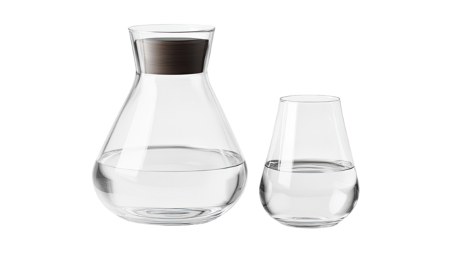 a clear water pitcher and glass on white background
