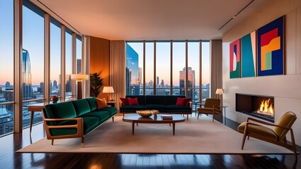 Premium high dynamic range hdr photo of a modern rustic living room with fireplace classic leather sofas decorative lighting and refined home accessories highlighting an elegant home interior