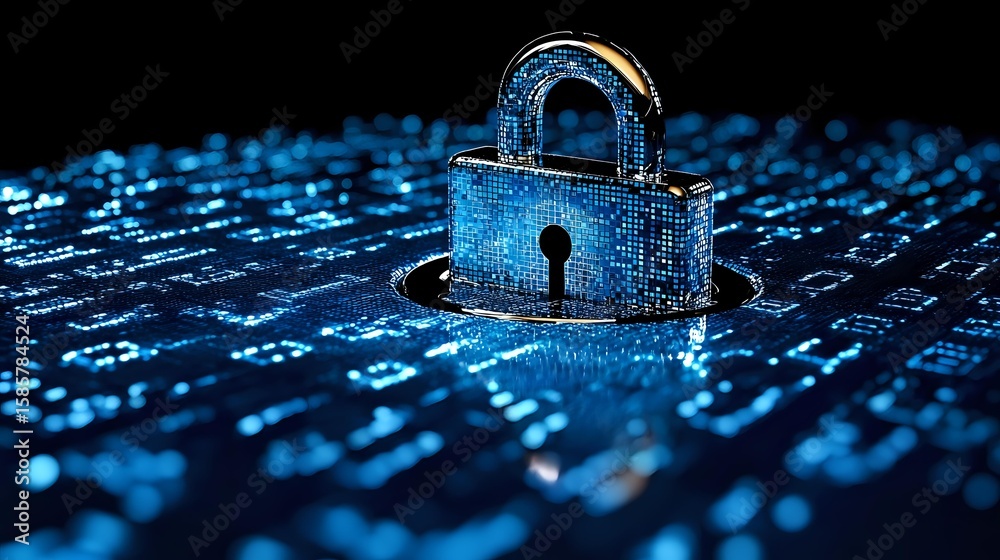 Poster digital padlock with binary code background glowing in blue neon light represents cybersecurity and 