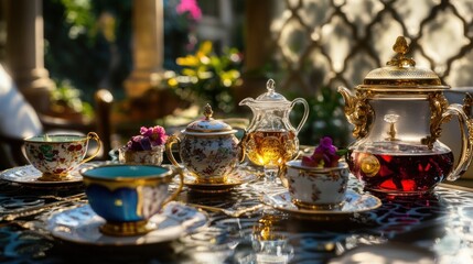 Ornate tea set outdoors