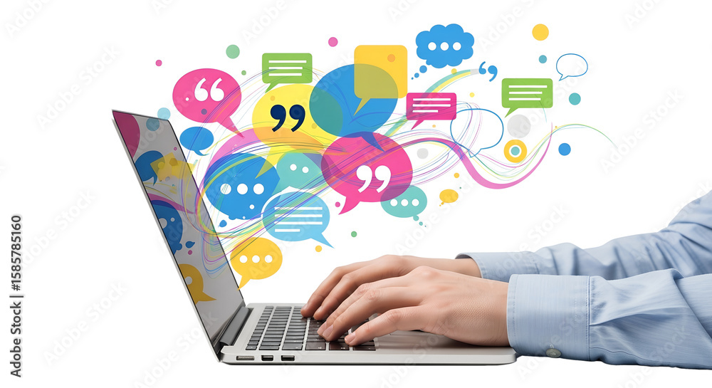 Fototapete hands typing on laptop with colorful speech bubbles and abstract swirls computer technology png file