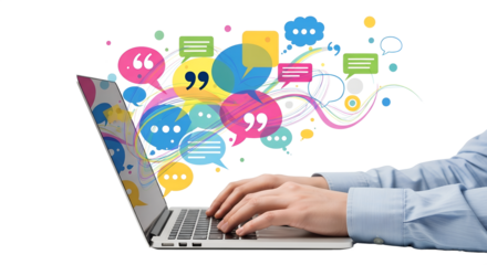 Hands typing on laptop with colorful speech bubbles and abstract swirls computer technology PNG file isolated on transparent background cut out, clipping path, social media, Advertisement.