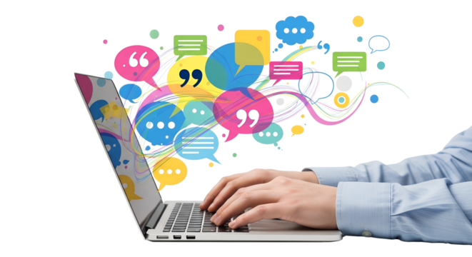 Hands typing on laptop with colorful speech bubbles and abstract swirls computer technology PNG file isolated on transparent background cut out, clipping path, social media, Advertisement.
