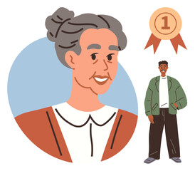 Elderly woman smiling in profile, young man standing confidently, and award ribbon symbolizing excellence. Ideal for family, generational connection, achievement, recognition, diversity, mentorship