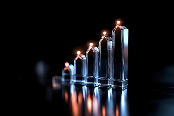 Glowing crystal pillars arranged in ascending order create dramatic lighting effect with orange highlights and reflections on dark background, business growth concept.