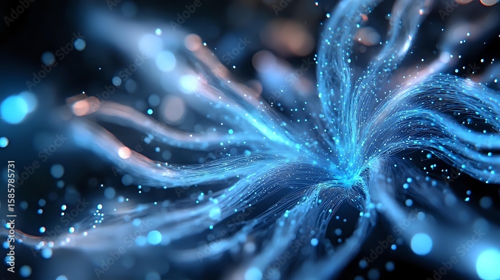 Poster Glowing blue abstract light streams with bokeh effect on dark background create dynamic motion and energy flow pattern suitable for tech designs.