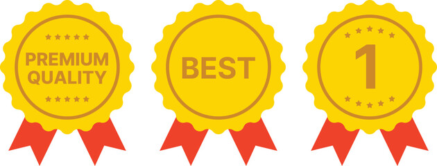 Set of vector award ribbon badges representing first place, best choice, and premium quality. Great for certificates, contests, competitions, labels, achievements, or promotional and branding visuals.