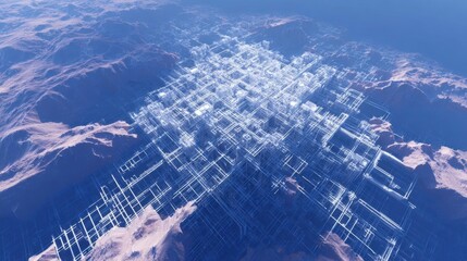 3d rendering of a futuristic city in the middle of a mountainous landscape. the city appears to be made up of multiple buildings and structures, with a grid-like structure in the center.