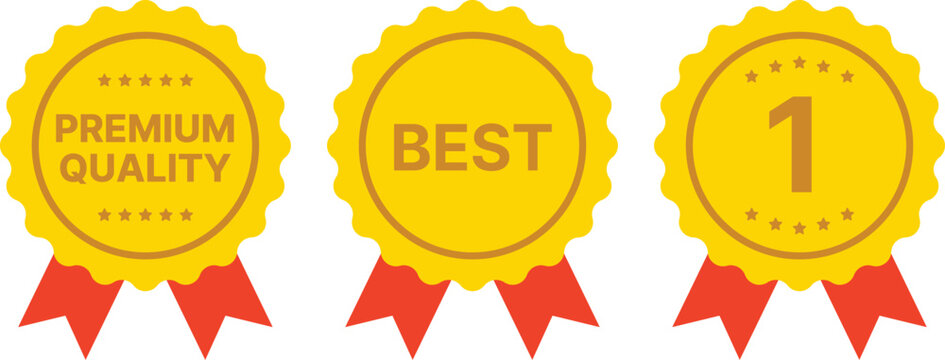 Set of vector award ribbon badges representing first place, best choice, and premium quality. Great for certificates, contests, competitions, labels, achievements, or promotional and branding visuals.