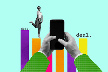 Artwork full art collage of happy businessman businesswoman run chart hands hold phone deal...