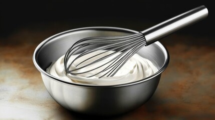 Metal bowl with a whisk for making whipped cream- homemade sour cream or cream. ai generative