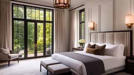 Fototapeta premium Luxury modern bedroom with garden view