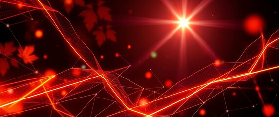Fototapeta premium A vibrant red abstract background with glowing lines and geometric shapes creates a futuristic and dynamic visual